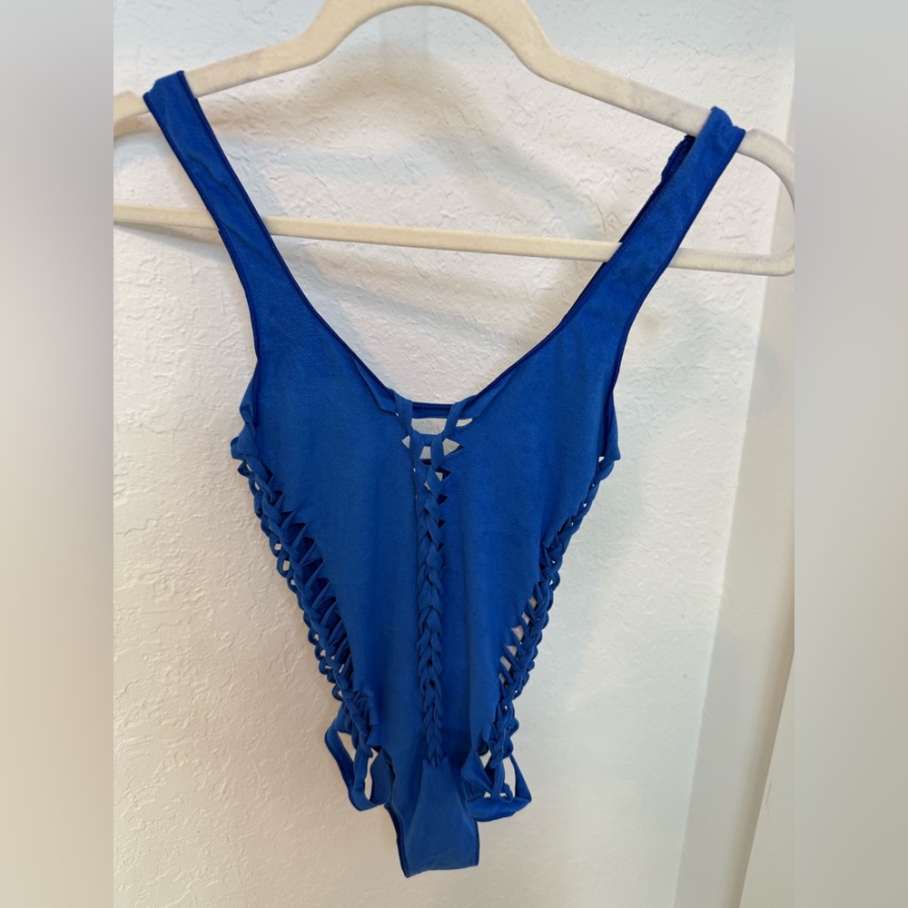 🔥NWT Pin-Up Stars Suede-Look Blue Braided One Piece Swimsuit🔥
